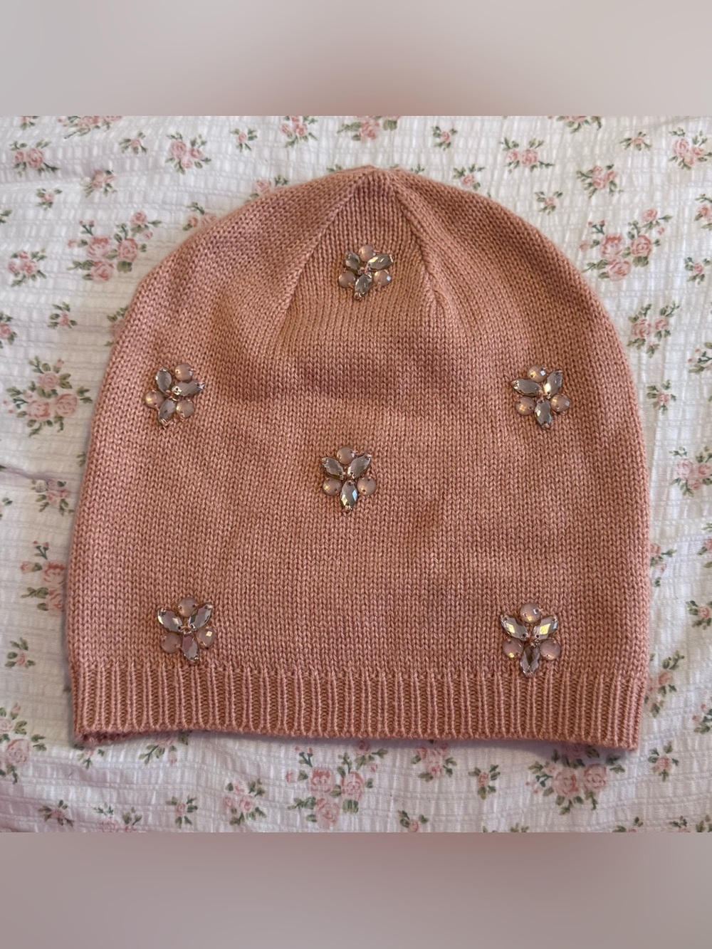 Pink beanie with rhinestone embellishments